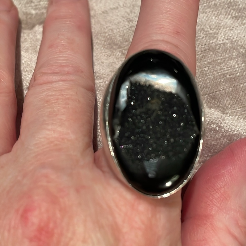 Chunky Black Agate Druzy Geode Ring Sterling Silv… - image 5